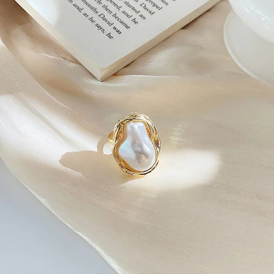 White Pearl Foiled Gold Ring